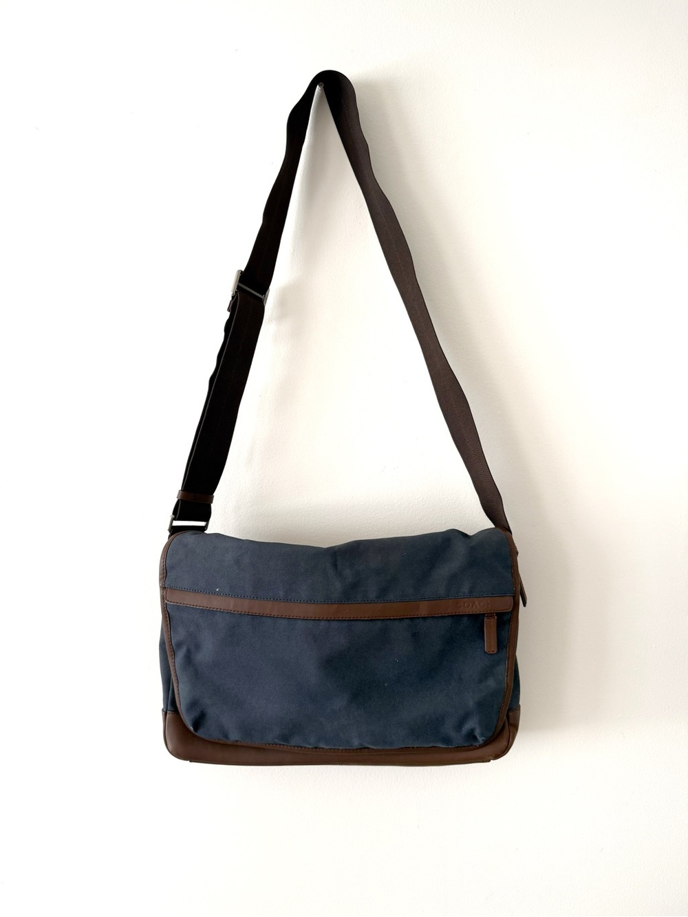 Coach Men's Navy Canvas Messenger Bag with Brown Leather Trim